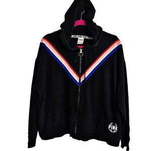 Pink Victoria Secret Black Sweatshirt Hoodie Jacket Sz L Full Zip Rainbow Stripe